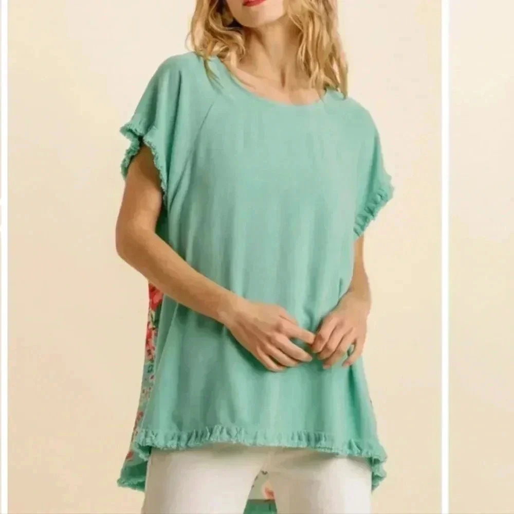 Umgee Mint Green Ruffle Sleeve Hi-Low Top
